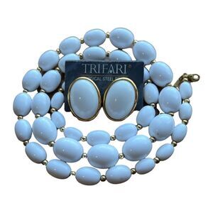 Vintage Monet Milk Glass Graduated Necklace Trifari Milk Glass Oval Earrings